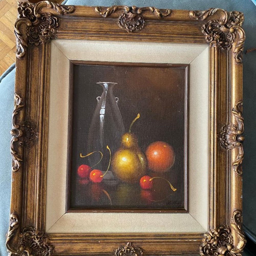 Vintage oil painting signed Anthony, still life fruit cherries orange pear
